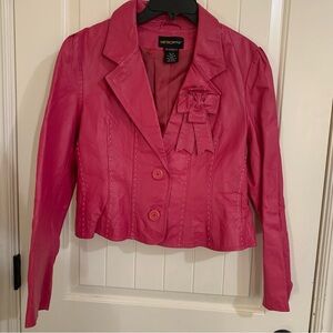 Metrostyle Women’s Bold Pink Leather Blazer with Bow Accent